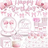 180pcs Coquette Birthday Decorations Include Coquette Plates and Napkins Set Banner Hanging Balloon Tablecloth Cake Topper Cupcake Toppers, for Girls Pink Bow Birthday Party Decorations, Serves 25