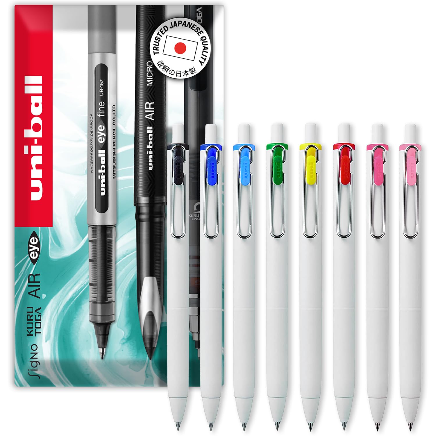 uni-ball UMN-S-05 Retractable Gel Ink Rollerball Pens - 0.5mm Tip Nib - White Barrel - One of Each Colour - Pack of 8 - In Envelope Gift Packaging