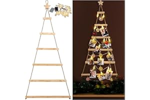 GLIKCEIL Large Wall Hanging Christmas Tree Display with String Light 49x24'' Wooden Lighted Christmas Tree Card Holder with 20 Clip and 14 Hook DIY Xmas Photo Display Rack for Holiday Wall Window Home Decor