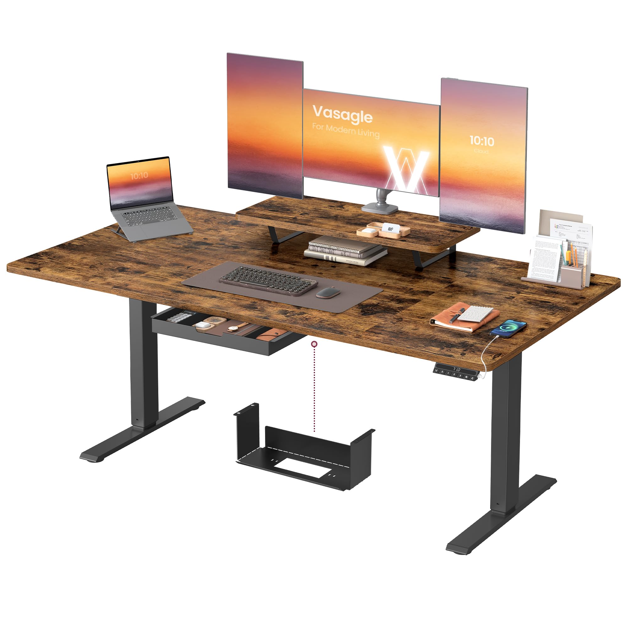 VASAGLE Höhenverstellbarer Schreibtisch, 160 x 80 cm, flexibel montierbarer Monitorständer, Schublade, USB-C-Anschluss, Erinnerung bei langem Sitzen, für Büro, vintagebraun LSD156KD01