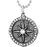 COOLSTEELANDBEYOND Mens Stainless Steel Compass Pendant Necklace with Cubic Zirconia, Vintage, Nautical Jewelry