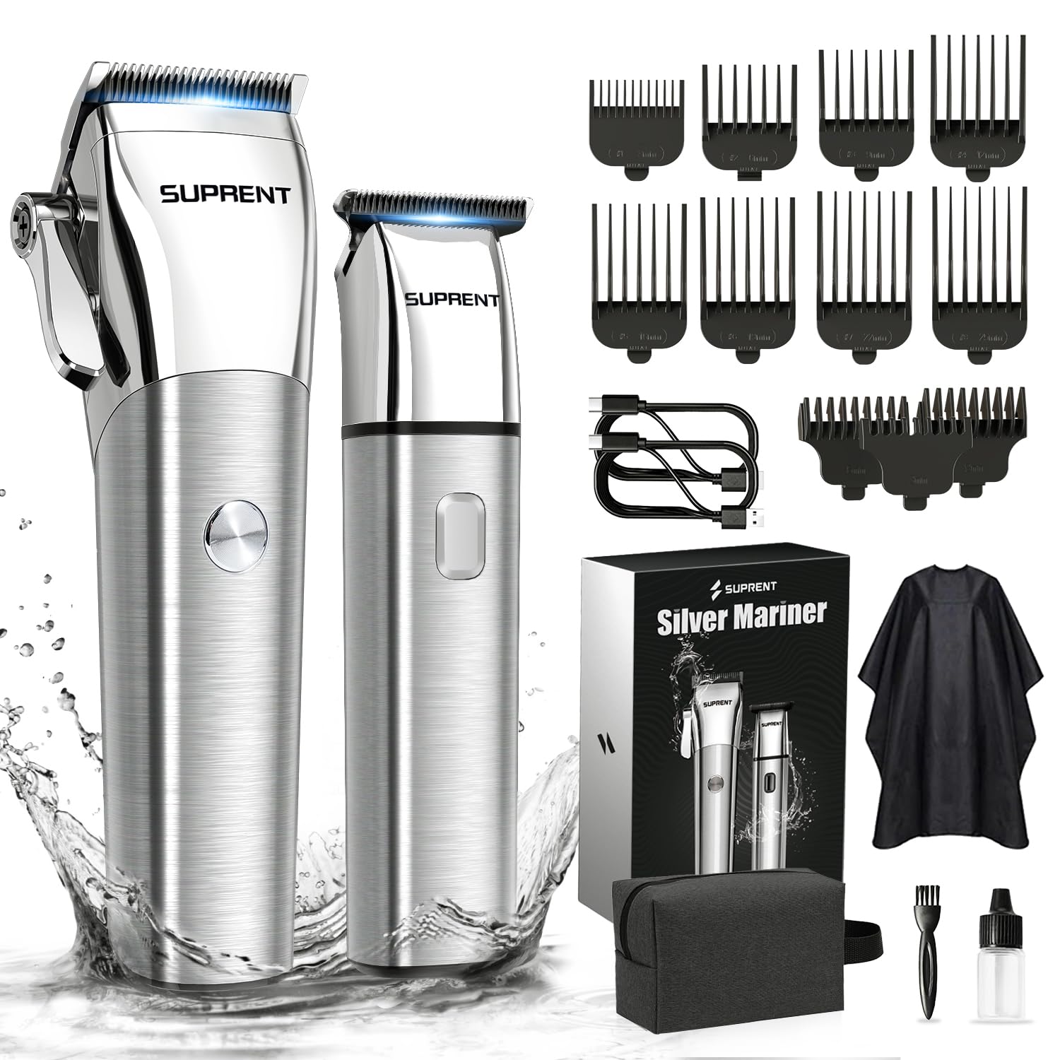 SUPRENT Cordless Hair Clippers Set, IPX7 Waterproof Quiet Hair Clippers for Men, 53dB Brushless Motor Titanium Ceramic Blade, 11 Guide Combs for Thick Curly Hair, Travel Case Included