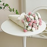 Crochet Flower Bouquet Throw Blanket, Handmade Knitted Blanket with Rose Flowers, Cute Romantic Gift for Her Girlfriend Mom Mother’s Day Valentine Wedding Anniversary Birthday, Pink and White