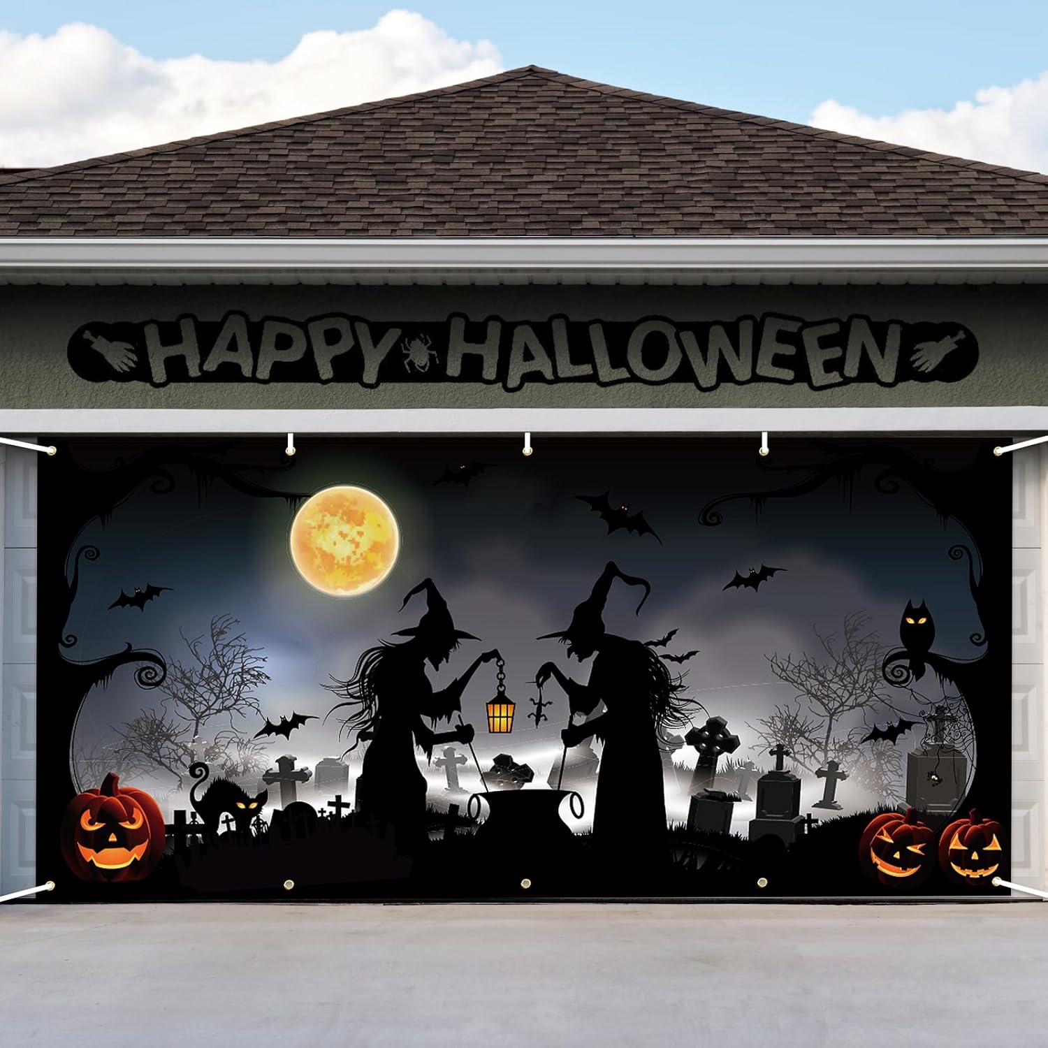 Garage Door Decorations - 13 x 6 FT Halloween Garage Door Cover Banner Backdrop Decorations - Creepy Witches Pumpkins Printed Hanging Garage Door Background for Indoor Outdoor House Patio Lawn Outside Décor Party Supplies