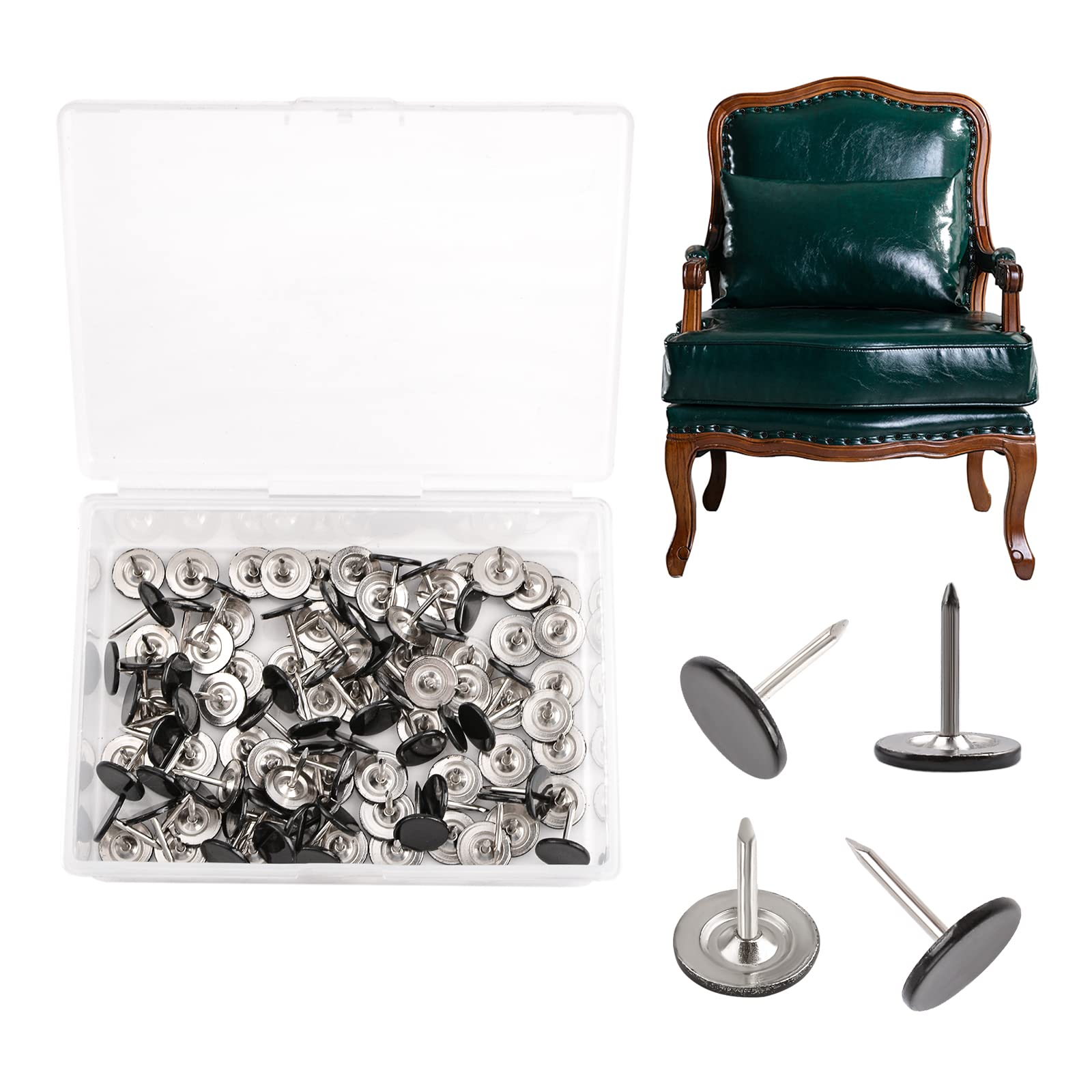 UFURMATE Upholstery Tacks, 170PCS Black Tacks Thumb Tacks Vintage Furniture Tacks Nails Decorative Push Pins for Wood Furniture, Flat Head Dia 11mm