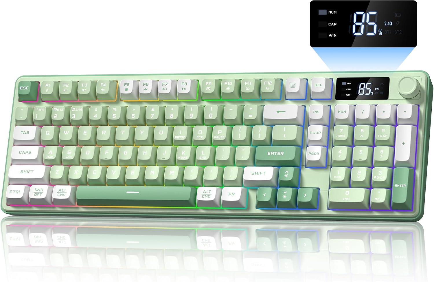 Keymatic Gaming Keyboard Wireless Creamy Keyboard with Media Knob & Screen Cute Keyboard Mechanical Feeling Membrane Keyboard with Number Pad RGB Backlit Tri-Mode BT/2.4GHz/USB-C - Green