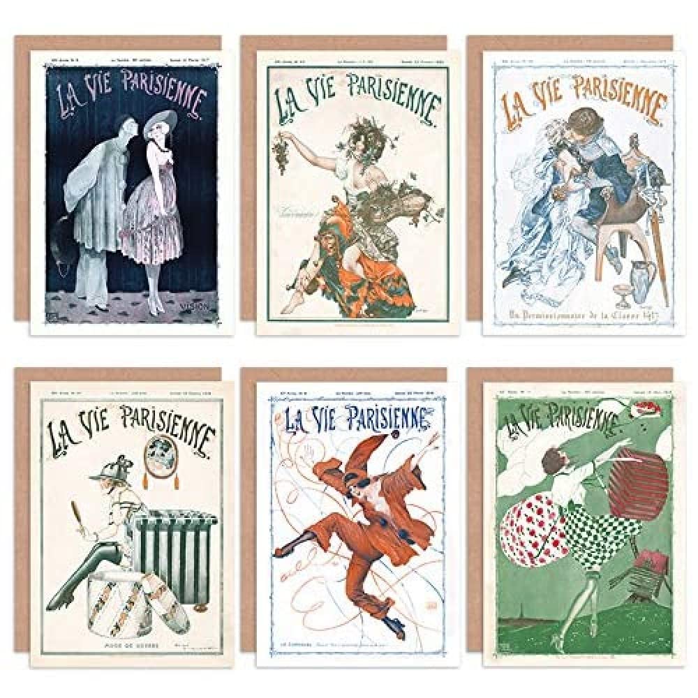 Artery8 La Vie Parisienne French Woman Carnival Jester Clown Greeting Cards With Envelopes Pack of 6