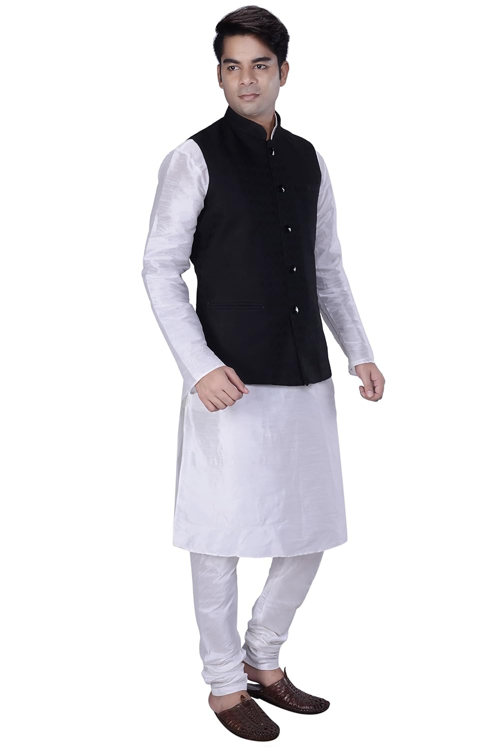 kisah men's white silk blend kurta and churidar with black linen nehru jacket