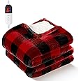 Electric Heated Sherpa Buffalo Plaid Christmas Throw Blanket with 6 Heating Levels & 4 Hours Auto Off, Fast Heating Warm Plush Washable Blanket with Over-Heat Protection, ETL Certification, Red