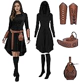 FSUJWOA 5 Pcs Renaissance Women Costume Medieval Hooded skirt Vintage Arm Guard Printed Belt and Waist bag