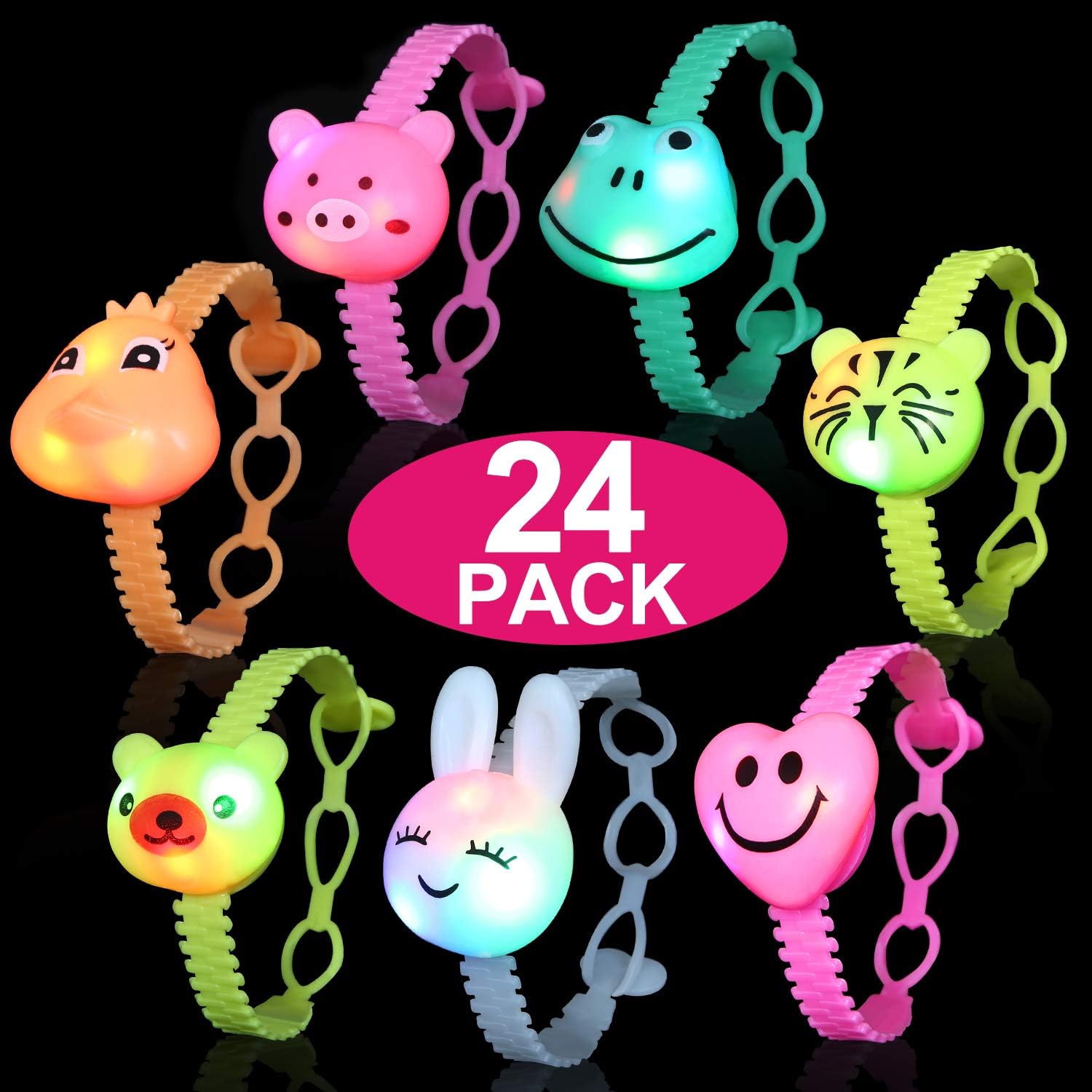 SCIONE Light Up Bracelets for Kids,24 Pack Animal Party Favors,LED Flashing Adjustable Bracelet Toys,Glow in The Dark Party Supplies,Girls Blinking Novelty Prizes Colorful Bracelets,Boxed