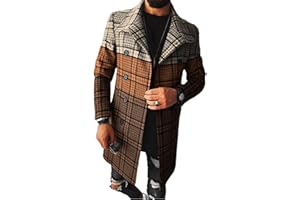 BIVENANT Plaid Trench Coat for Mens Lapel Single Breasted Slim Jacket Overcoat Vintage Graphic Wool Blend Formal Pea Coats