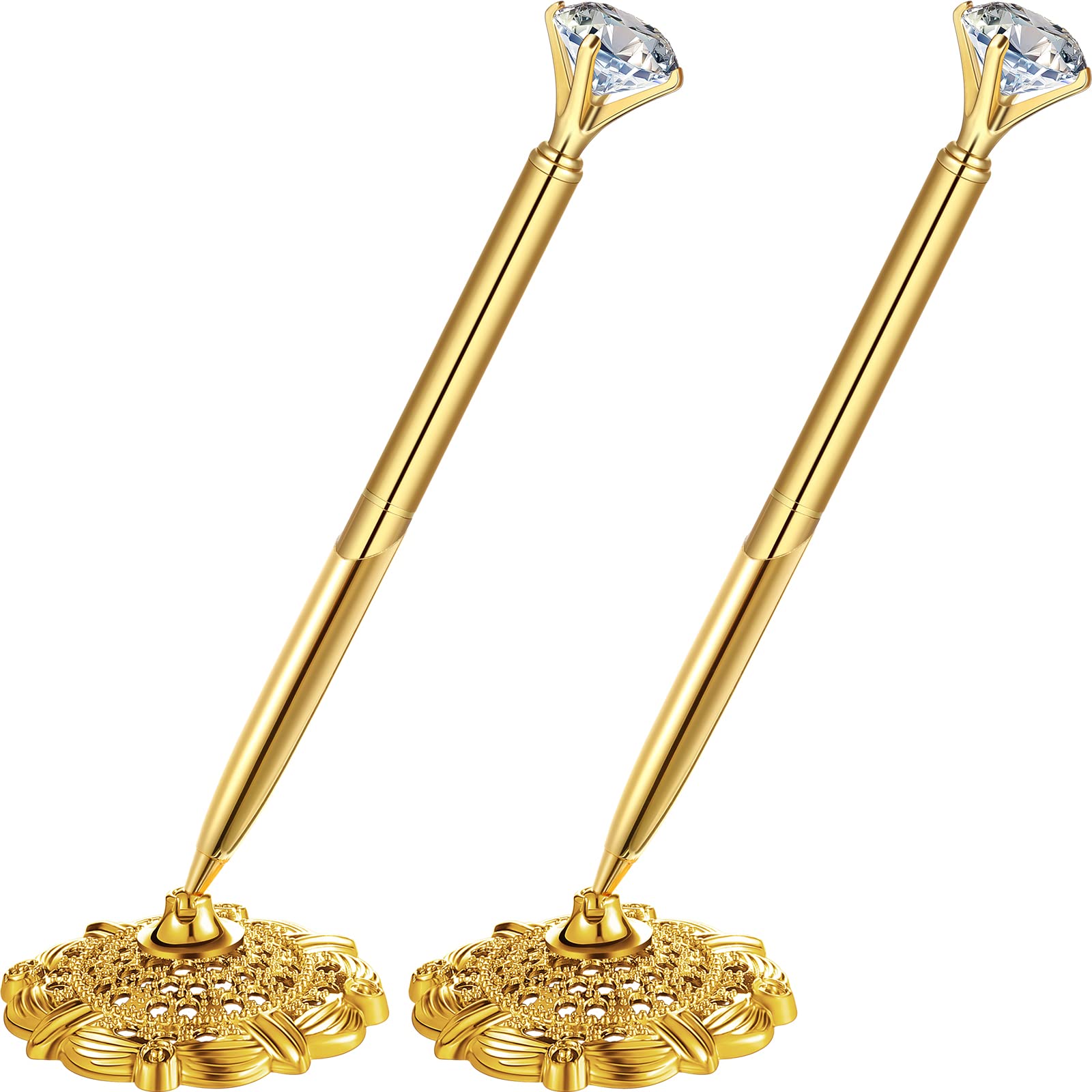 Photo 1 of Outus 2 Pieces Gold Wedding Pens for Guest Book Signing Diamond Pen with Hollow Round Holder Stand Set for Wedding Bridal Engagement Reception Supplies