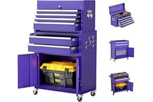 Oakcloud Lockable 8-Drawer Rolling Tool Chest & Cabinet Combo with Black Liner – Heavy-Duty Steel Garage Tool Box on Wheels – Detachable Top Toolbox & Bottom Storage Cart with Side Hooks, Purple