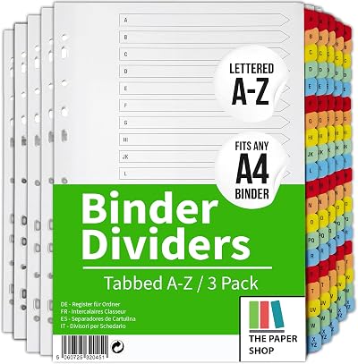 [The Paper Shop] [3 Pack] A4 File Dividers A-Z Tabs 150gsm Multipunched