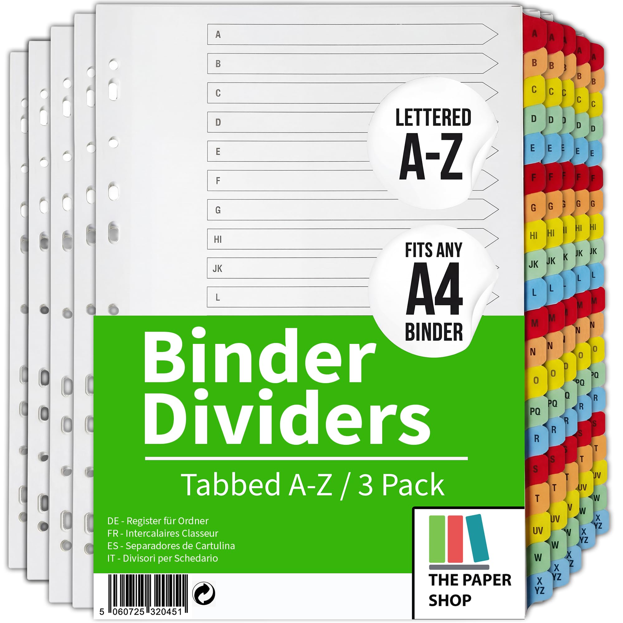 [3 Pack] A4 File Dividers A-Z Tabs | A4 Alphabetical Subject Dividers A-Z with Multipunched Reinforced Colour Tabs 150gsm