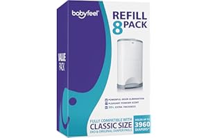 Babyfeel Refills Compatible with DEKOR CLASSIC Diaper Pails | 8 Pack | Exclusive 30% Extra Thickness | Diaper Pail Refills with Powerful Odor Elimination | Powder Scent | Holds up to 3960 Diapers