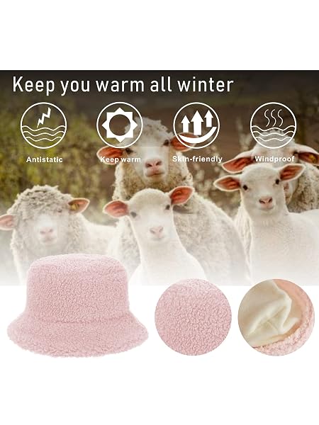 RULALA FANCY WOMEN’S FAUX FUR BUCKET HAT TEDDY STYLE CLOCHE HAT WINTER FURRY WARM FISHERMAN CAP(PINK)