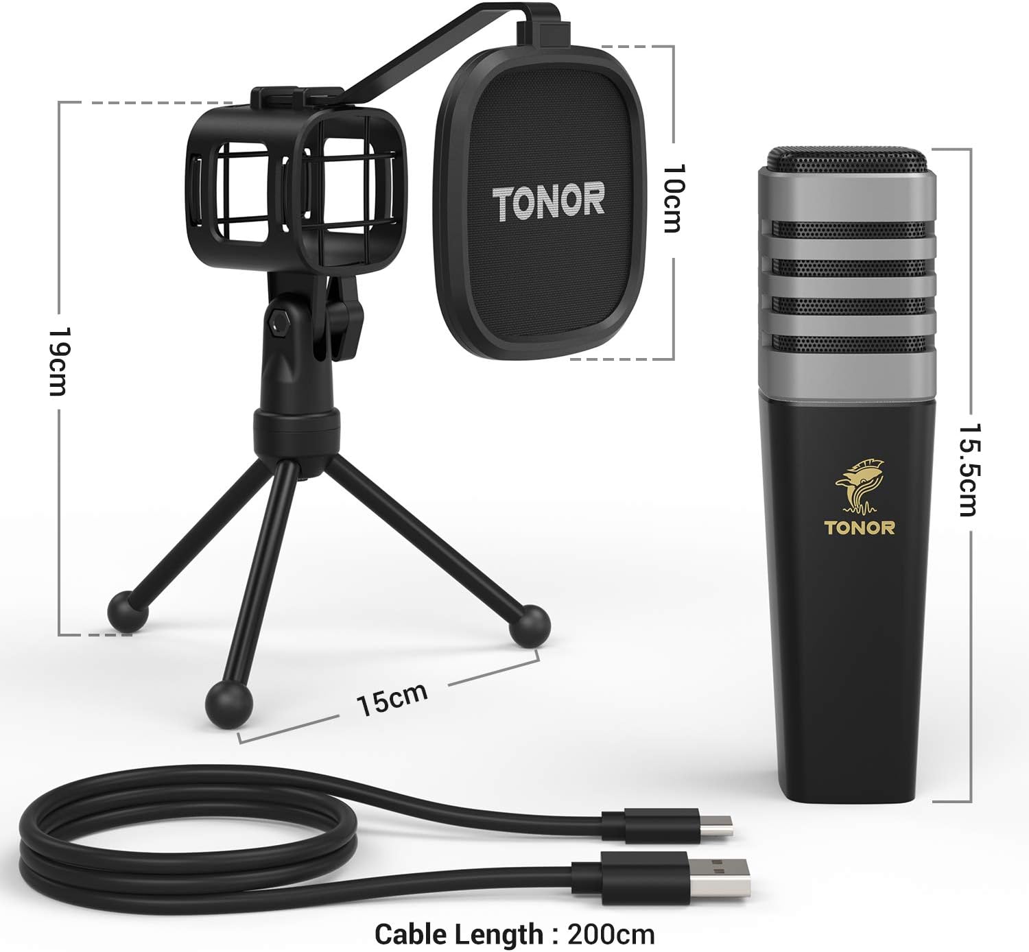 USB Microphone, TONOR Condenser Computer PC Mic with Tripod Stand, Pop Filter, Shock Mount for Gaming, Streaming, Podcasting, YouTube, Voice Over, Skype, Twitch, Compatible with Laptop Desktop, TC30: Musical Instruments