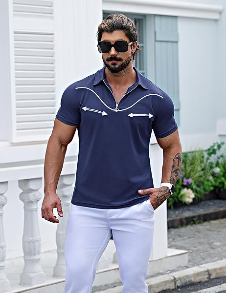 URRU MENS FASHION MUSCLE POLO NAVY BLUE POLO SHORT SHIRTS SLEEVE SLIM FIT GOLF POLO SHIRT NAVY BLUE M