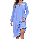 Bloggerlove Womens 100% Cotton Nightgown Long Sleeve House Dress with Pockets Sleep Dress S-3XL