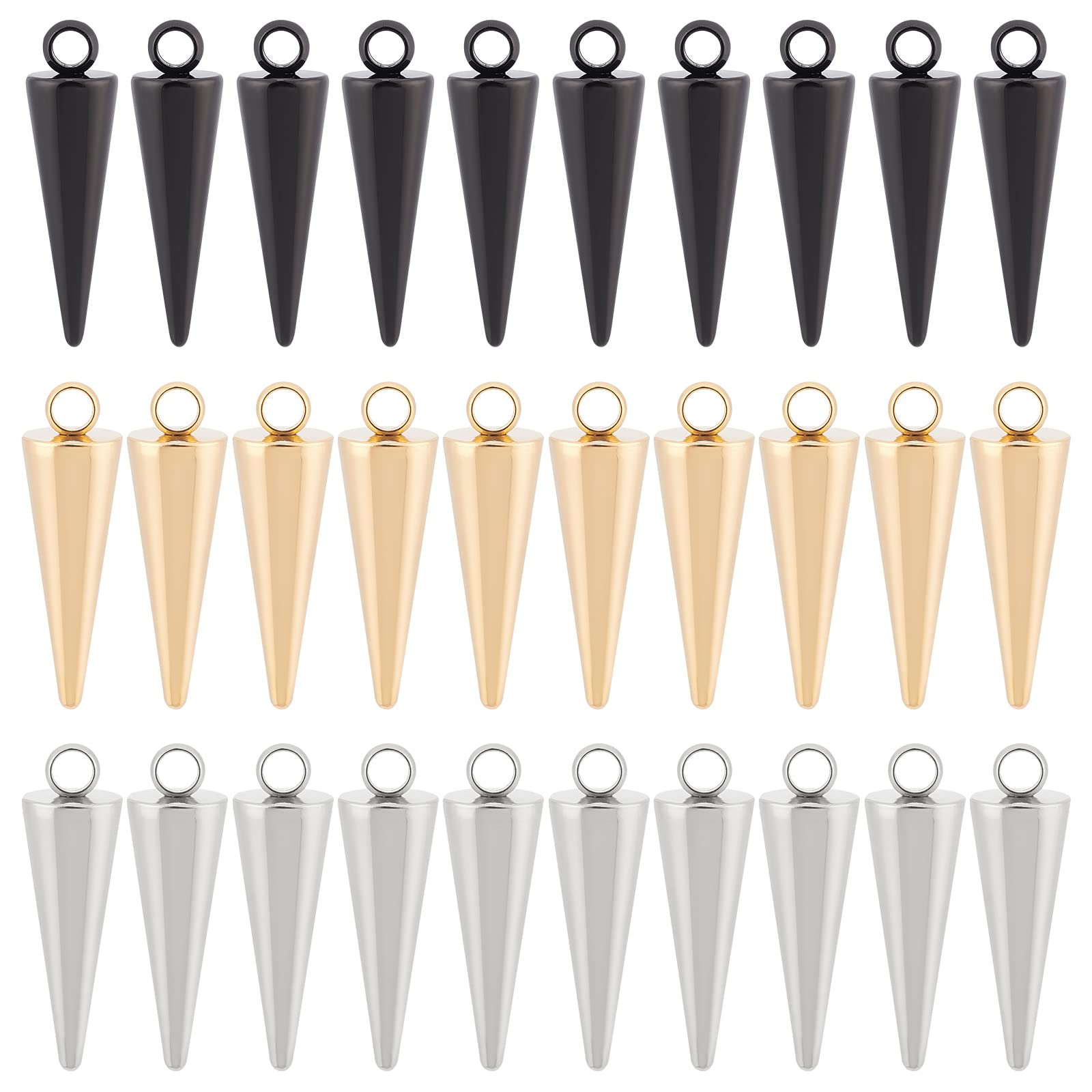 UNICRAFTALE about 30pcs 3 Colors Cone Charms Spike Stainless Steel Pendants Metal Drop Cone Charm with 1.4~2mm Loop for Hoop Earring Jewelry Making 17.5~18mm