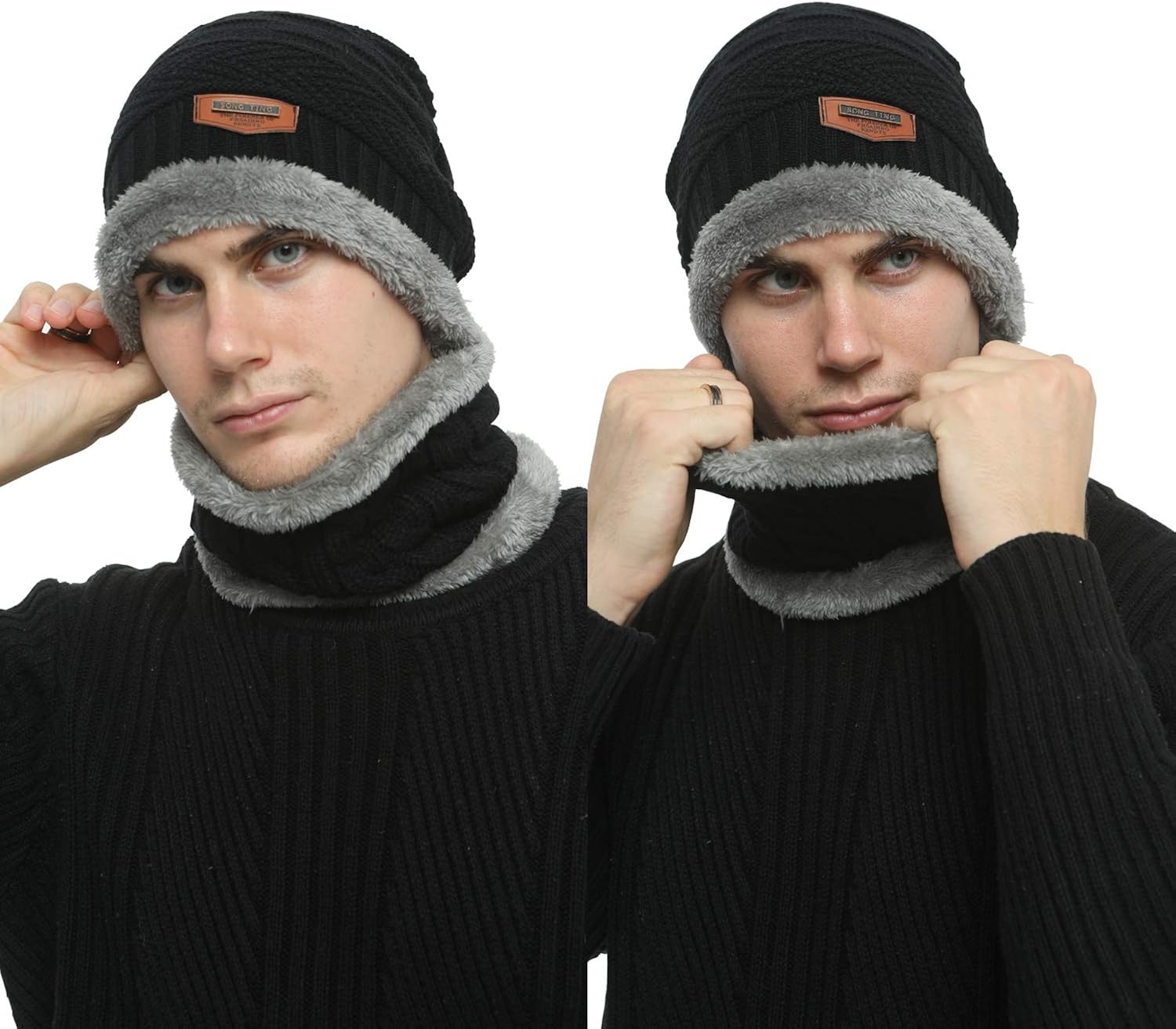 Men's 2-Pieces Winter Beanie Hat Scarf Set Warm Knit Hat Thick Fleece Lined Winter Cap Scarves for Men Women Black at  Men’s Clothing store