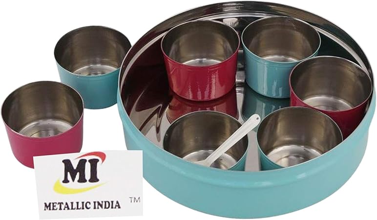 Caja de Especias metálica India Hecha de Acero Inoxidable Masala para Especias Masala Dabba, contenedor con Tapa de Cristal, 7 Compartimentos con 1 Cuchara, Color Azul: Amazon.es: Hogar