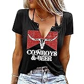 Cowboys & Beer Shirt for Women Country Music Tshirt Vintage Western Steer Skull Graphic Tees Cowboy Rodeo Blouse Top