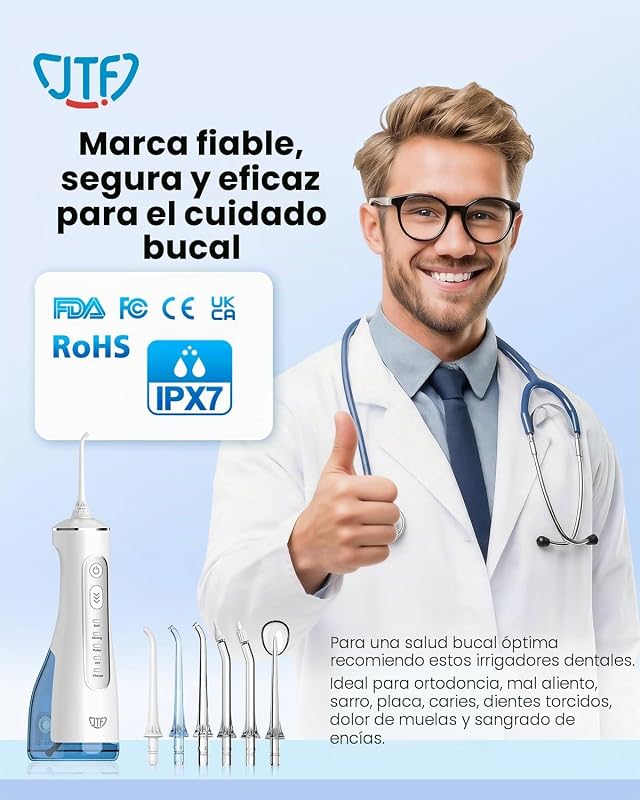 Irrigador Oral Elétrico 300ML, Irrigador Dentário 3+1 Modos, 6 Bicos IPX7 Limpador Dentário Portátil para Ortodontia/Gengivas Sensíveis - Limpeza Dentária Doméstica Entusiastas de Saúde Ora (Branco)