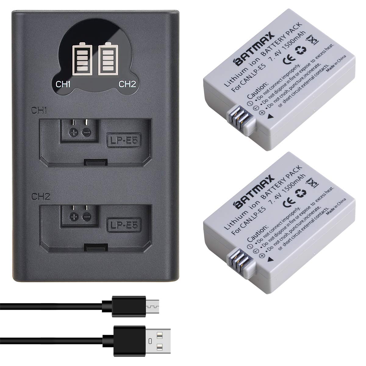 Batmax 2Packs LP-E5 Battery + LCD Dual USB Charger