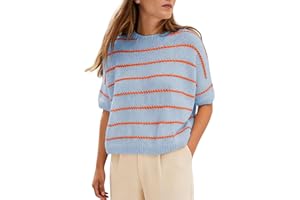 QIBABU Womens Short Sleeve Striped Sweater Top Casual Crewneck Lightweight Shirt Spring Summer Cropped Knit Tops