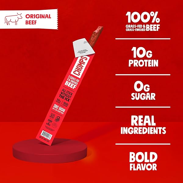 CHOMPS GRASS-FED AND FINISHED ORIGINAL BEEF JERKY SNACK STICKS 10-PACK – KETO, PALEO, WHOLE30, 10G LEAN MEAT PROTEIN, GLUTEN-FREE, ZERO SUGAR FOOD, STOCKING STUFFER