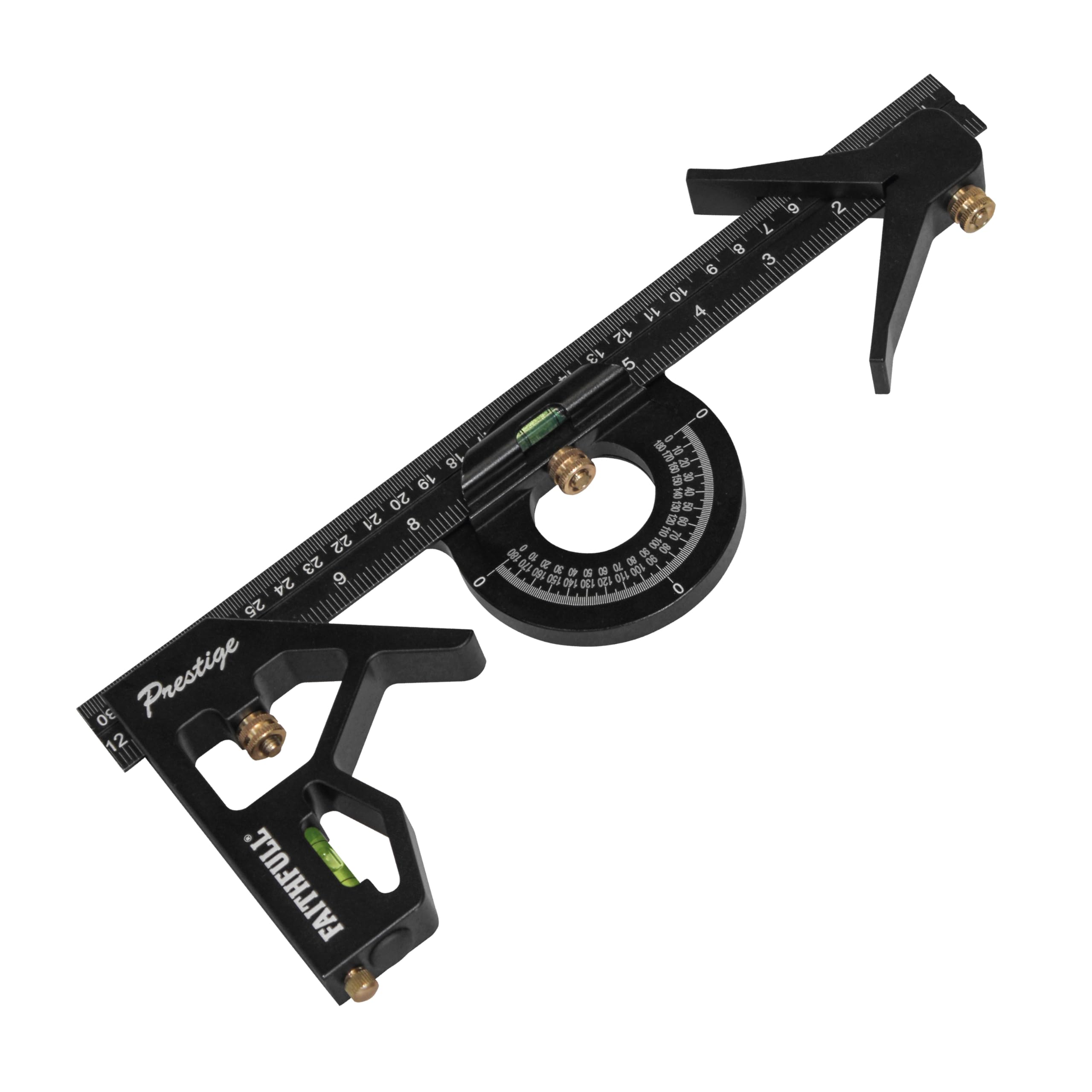 Faithfull Prestige Combination Square Set Black Aluminium 300mm (12in) – Measuring & Layout Tool with Protractor, Centre Head, Spirit Levels & Stainless Steel Rule for Woodworking & Metalwork