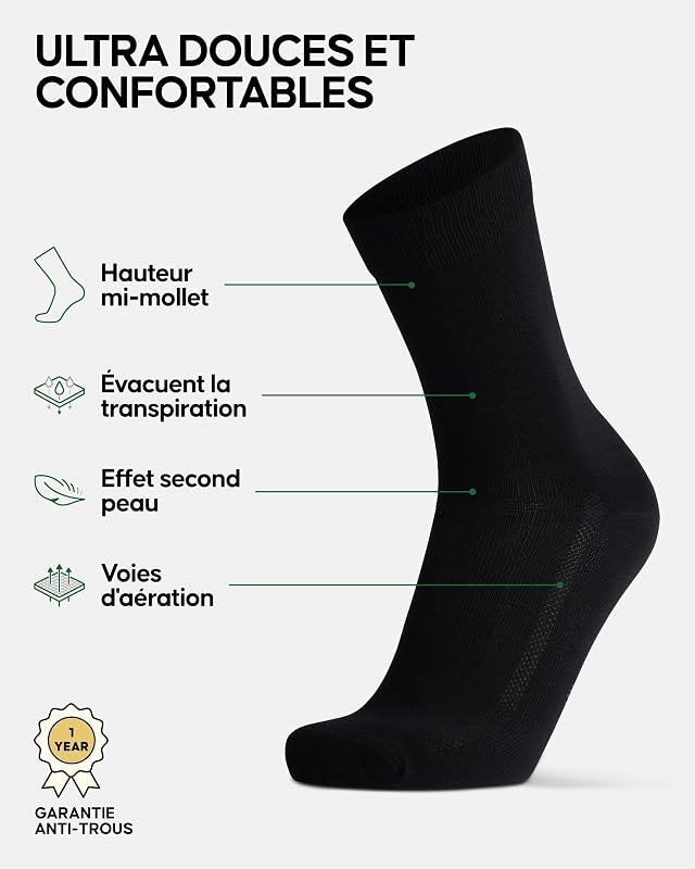Chaussettes en Bambou, Lot de 6, Noir, 39-42