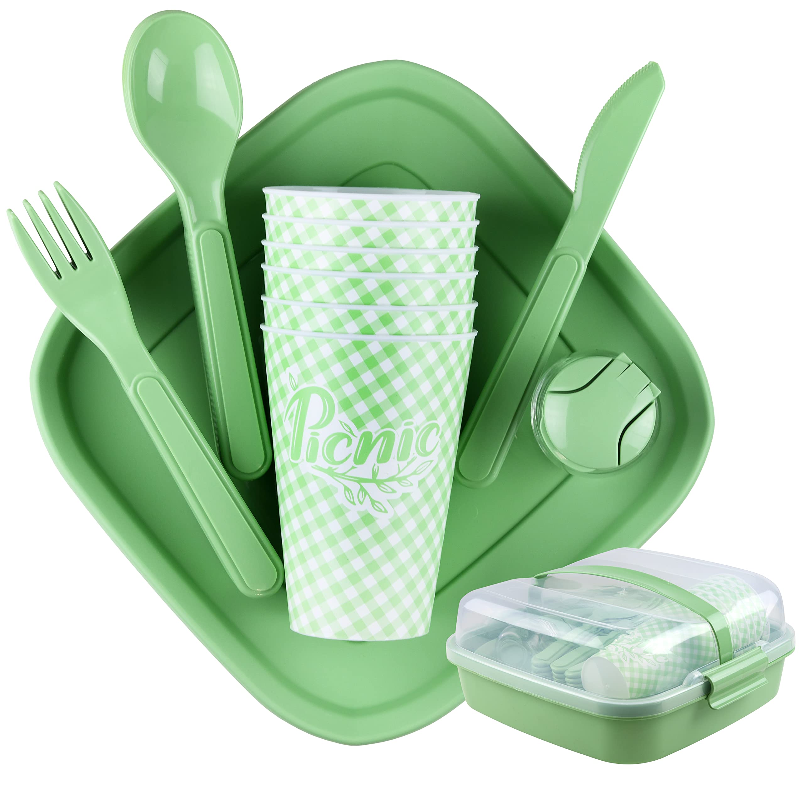 Photo 1 of Tribello Camping Picnic Dishes Set with Case, 32 Plastic Reusable Cutlery - BPA Free, Microwave / Dishwasher Safe