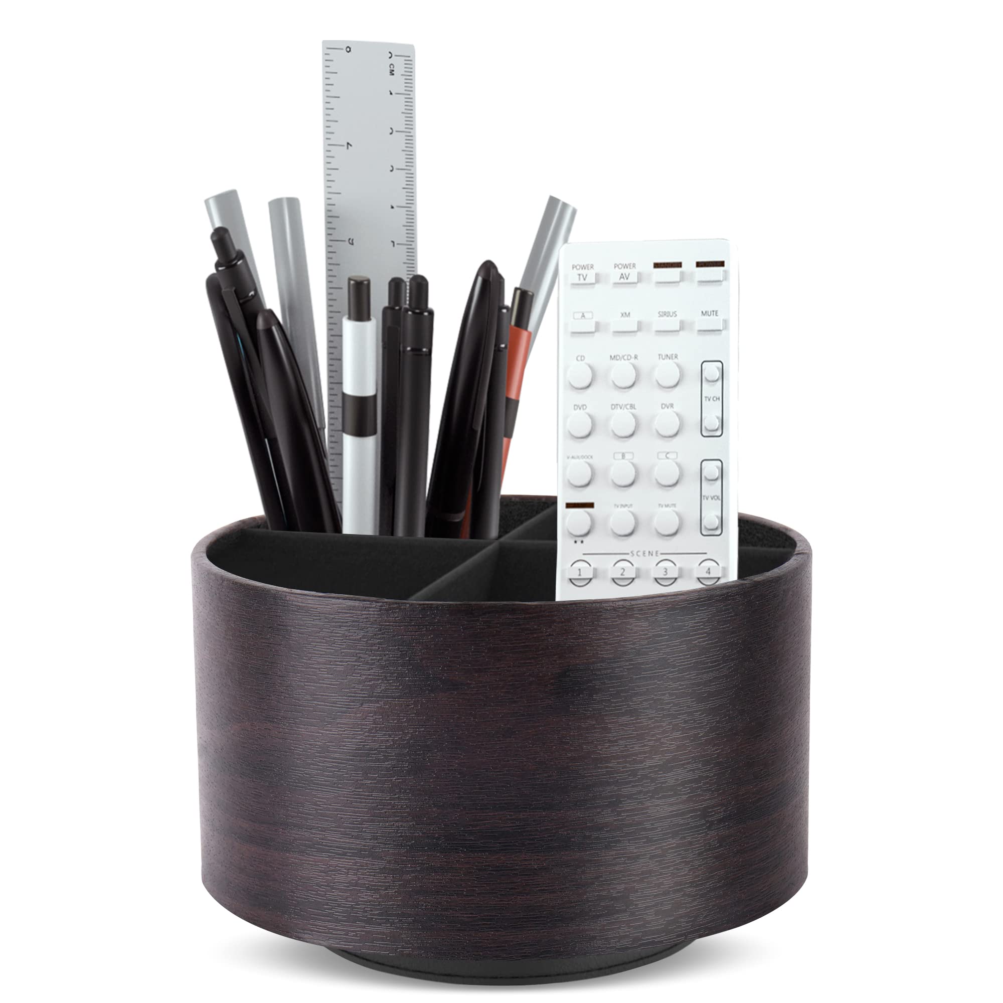 Czzmy Round Leather Art Supply Organizer,Remote Control Holder,360 Degree Spinning,Multi-Functional Pencil Holder,4 Compartments Desktop Stationary Organizer(1-Dark Brown)