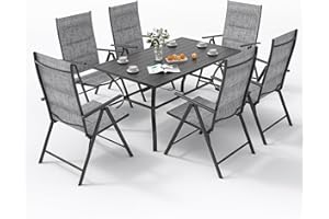 UDPATIO Outdoor Table and Chairs Set for 6, 6 Adjustable Folding Portable Padded Patio Chairs and 1 Rectangle 53" × 30" Metal Umbrella Dining Table(1.57" Hole) for Yard Garden and Deck, Grey White