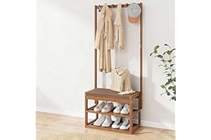 SQYHYTS 3-in-1 Bamboo Clothing Rack with Bench and Shoe Storage and Clothes Hook Entryway Hall Tree with Soft Seat Cushion 2 