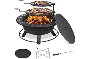Gbekery 32.5" 3-in-1 Fire Pit Table with Dual Grills – Wood Burning Firepit for Outside Cooking, BBQ Grate & Round Patio Table – Includes Charcoal Pan, Log Rack,Poker & Lid for Backyard, Garden