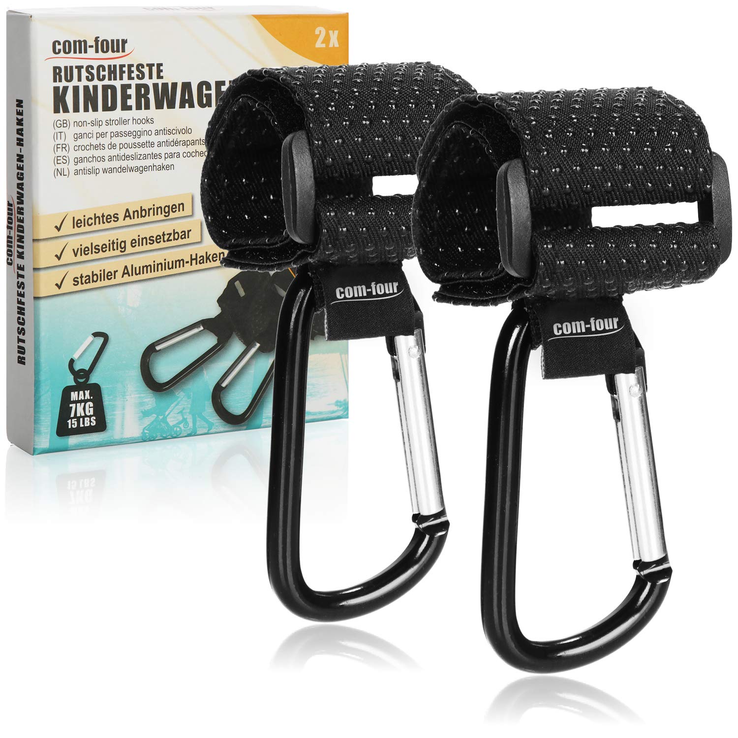 com-four® 2x stroller hooks with non-slip rubber nubs for diaper bag - stroller bag holder - snap hooks stroller - stroller hooks - pocket snap hooks (black)