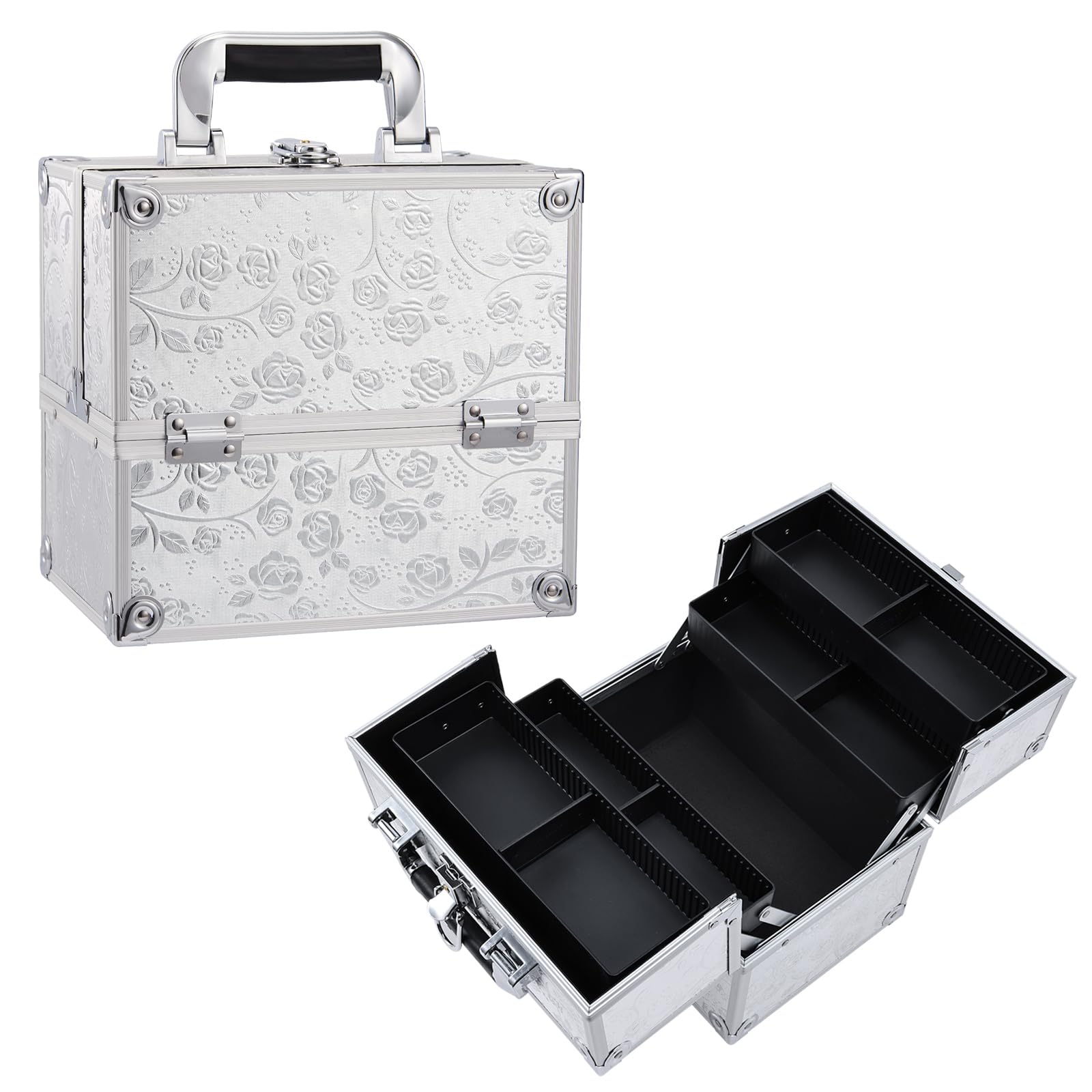 Professional Beauty Vanity Case Cosmetic Makeup Box Nail Polish Storage Beauty Train Case Lockable with Keys(Silver Rose)