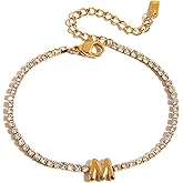 NEPULOY Valentine's Day Gifts for Women - Dainty Gold Initial Bracelets, Trendy Personalized Gold Letter Charm Bracelet, Statement Simple Rhinestones Jewelry | Birthday Gift for Women