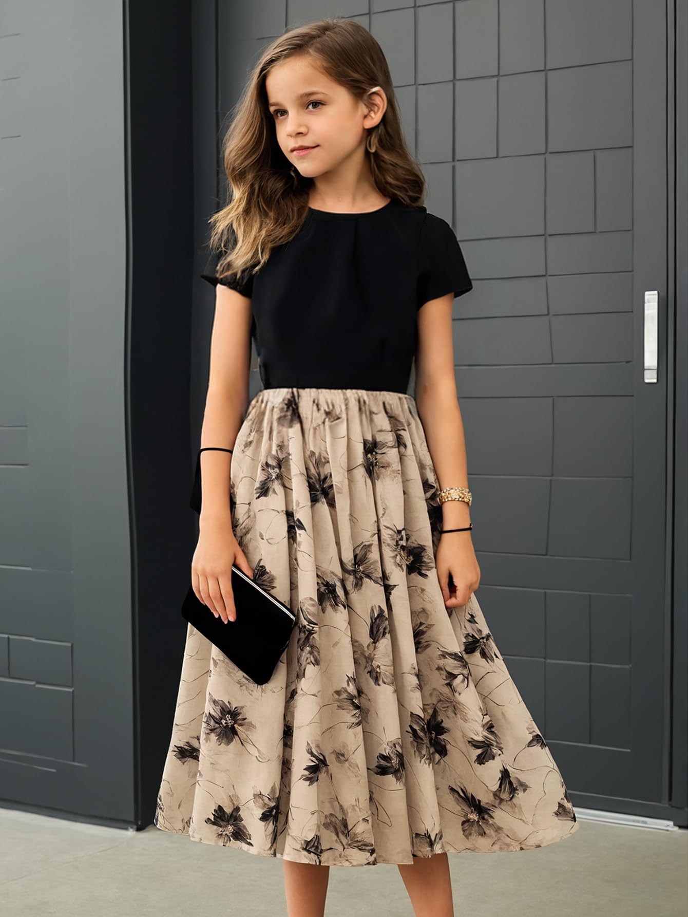 New 8-14Years Girls Elegant Dress Short Sleeve A-Line Floral Midi Party Special Occasion