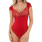 Popilush Lace Tops Body Suits for Womens Tummy Control Shapewear Bodysuit V Neck Party Date Night Outfit Body Shaper