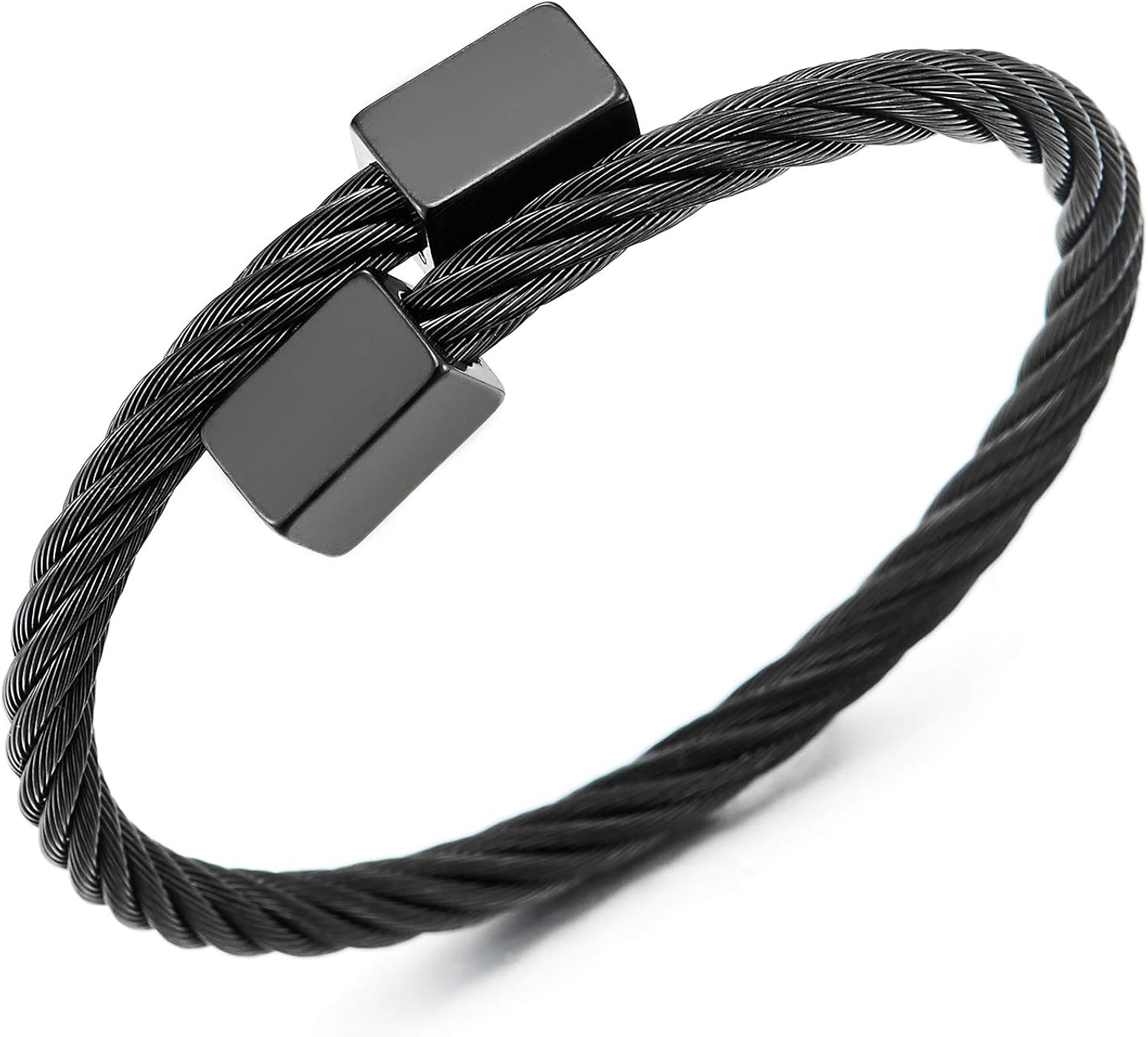 Mens Womens Elastic Adjustable Steel Black Twisted Cable Cuff Bangle Bracelet with Cuboid Charm: Clothing