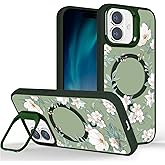 Tcaraersing for iPhone 16 Magnetic Flower Case with Kickstand, Compatible with MagSafe, Built-in Camera Ring Stand, Floral Pattern Slim Translucent Frosted Green Cover for Girls Women, Magnolia