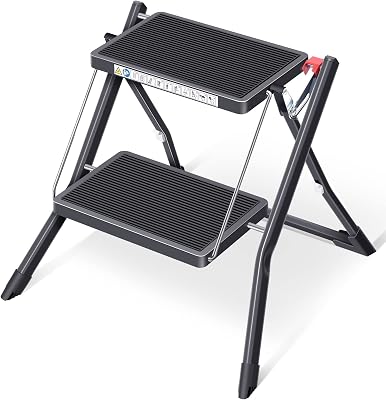 - Taburete Plegable con Alfombrilla de Goma Antideslizante y Taburete de Cocina de Acero Ligero, soporta hasta 150 kg (2 Pasos-Negro)