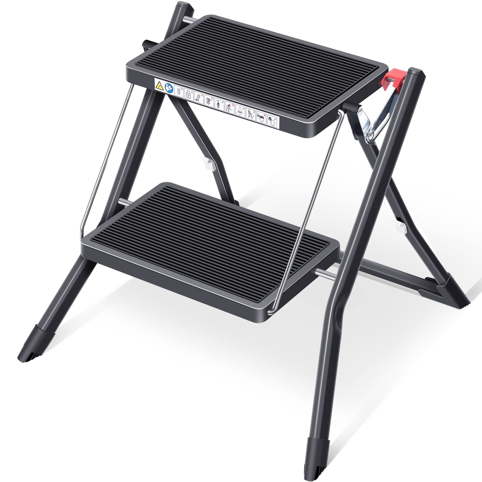 Photo 1 of KINGRACK Folding Step, 2 Step Stepladder, Foldable, Ladder with Non-Slip Rubber mat, Step Stool with Release Button, Light Steel, for up to 330lbs, Black