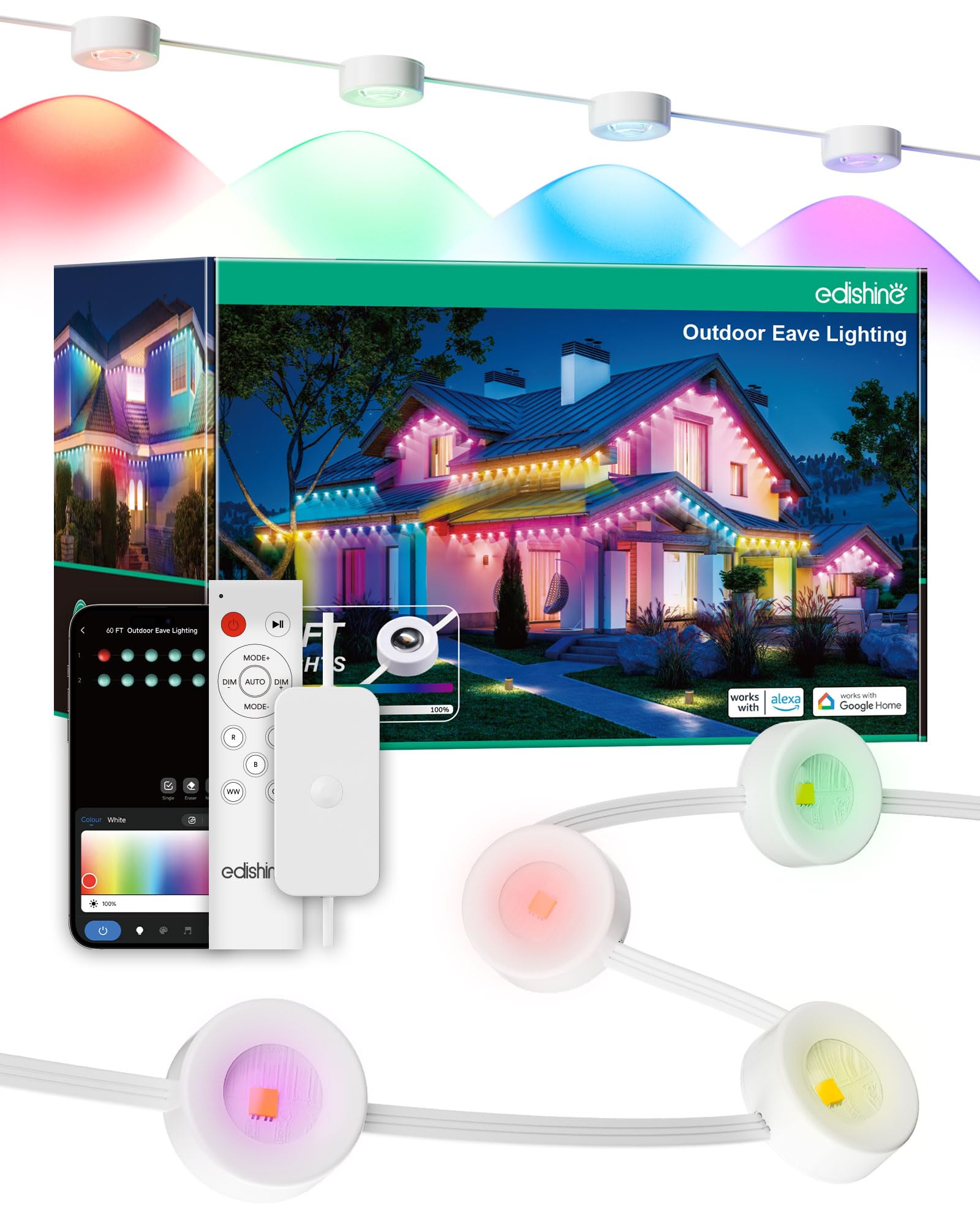 Photo 1 of ***(PARTS ONLY/ NON FUNCTIONAL)***EDISHINE 120ft Smart Permanent Outdoor Lights, 80 LED RGB+IC+Warm/Cool White Eave Light, App+Voice+Remote Control, 50 Scene Modes, IP67 Waterproof for House New Year Decor, Alexa Google Enable